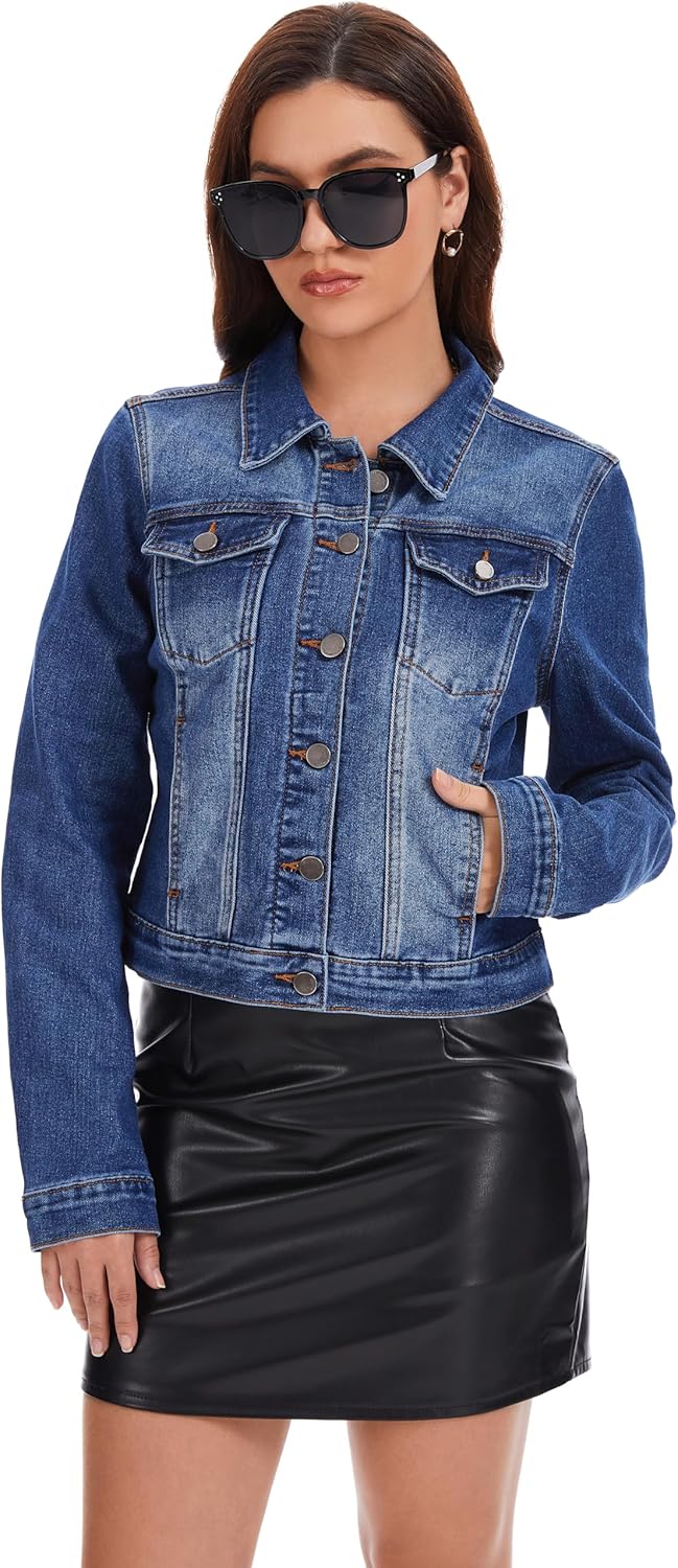 andy & natalie Women's Jean Jacket Stretch Cropped Button Down Denim Jackets Fitted Classic Jacket with Pockets - Image 2