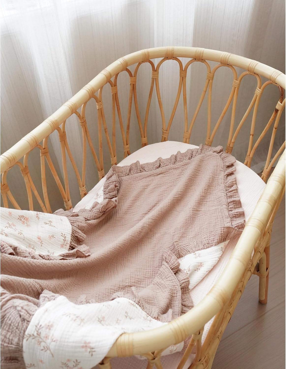 Konssy Flounce Muslin Baby Blanket for Girls Boys, 100% Cotton Soft Crib Swaddle Blankets, Reversible & Breathable Nursery Bedding for Newborns Toddlers, 40 x 36 Inches (Petal Dream)