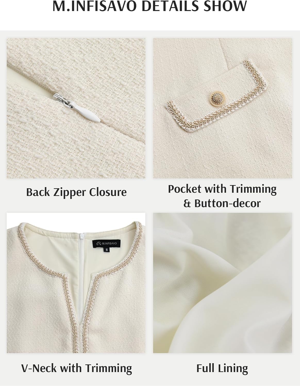 M.Infisavo 2026 Women Tweed Dress Spring Summer V Neck Sleeveless A Line Pockets Work Casual Jackie Dresses - Image 4