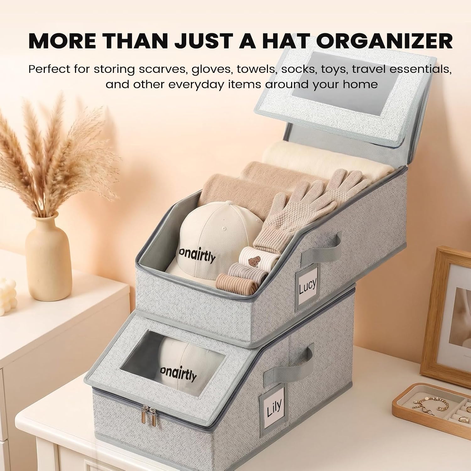 Hat Organizer for Baseball Caps, 2 Pack Stackable Hat Storage Boxes with Clear Window, Foldable Hat Box for Closet Storage, Holds Up to 24 Caps for Men and Women, Grey