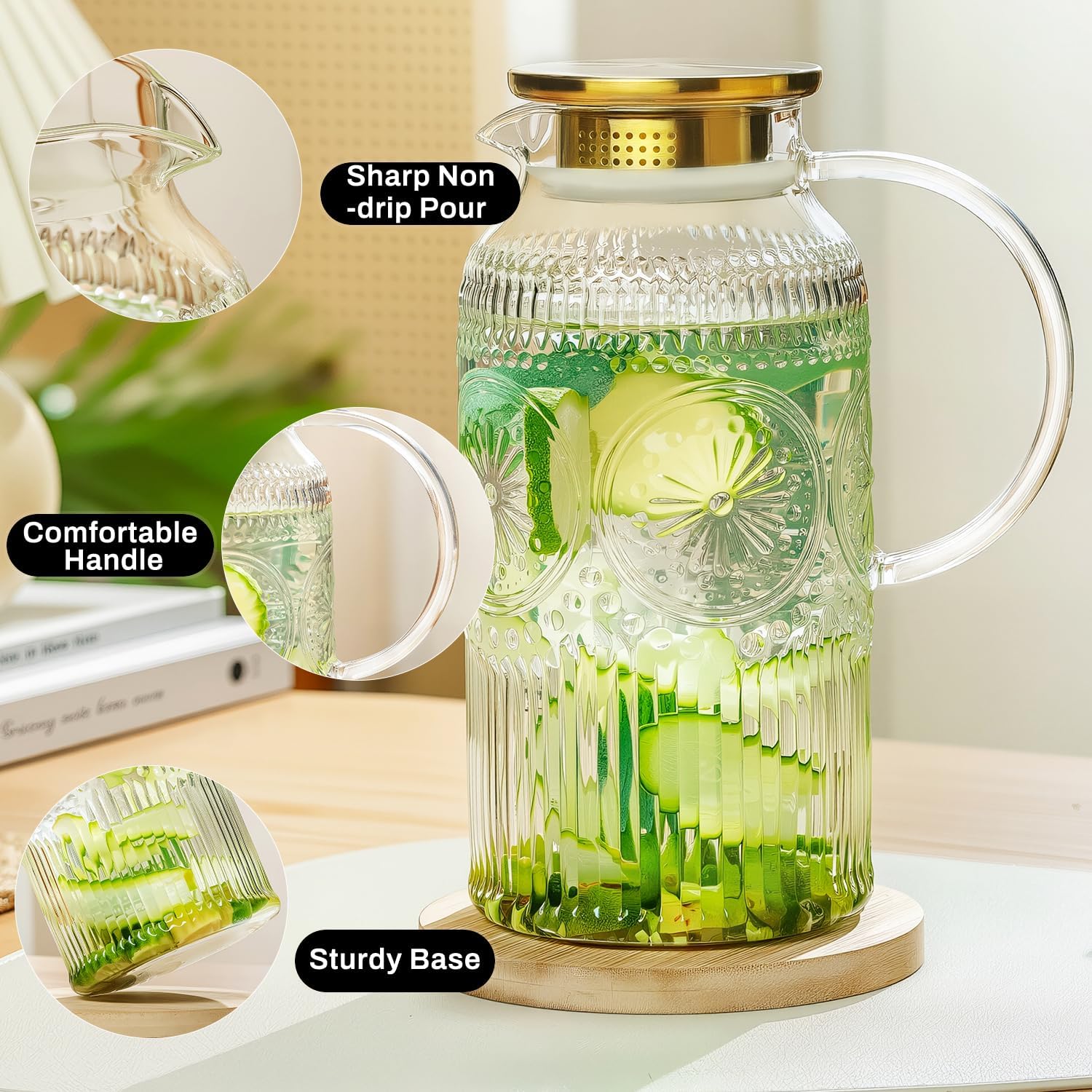 Glass Pitcher with Lid and Handle, 2 PACK 68 oz/2 Liter Vintage Embossed Sun Flower Water Pitcher, Clear Borosilicate Glass Water Carafe for Cold Brew, Iced Sun Tea,Beverage, Heat Resistant - Image 4