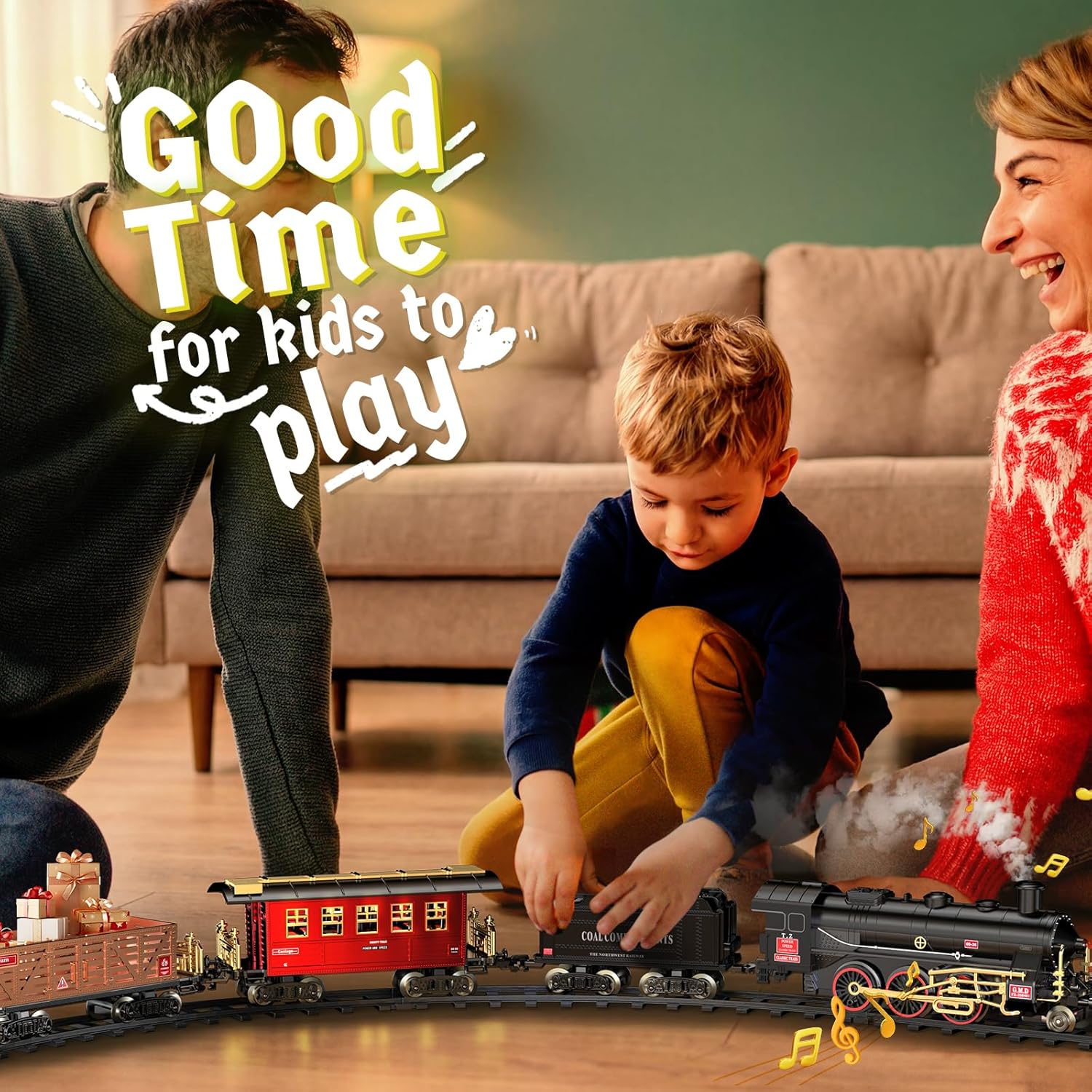 Hot Bee Train Set - Alloy Train Toys for Boys w/Glowing Carriage & Silent, Toy Train w/Smokes, Lights & Sound, Christmas Tree Train w/Steam Locomotive, Model Trains for 3 4 5 6 7 8+ Years Old Kids - Image 5