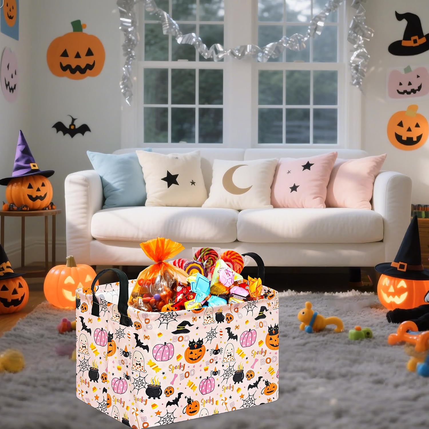 Happy Halloween Ghost Storage Basket Gift Laundry Bins Collapsible Storage Baskets Box Laundry Nursery Hamper for Home Decor and Office Decoration with Handles(Pink Pumpkin) image 4