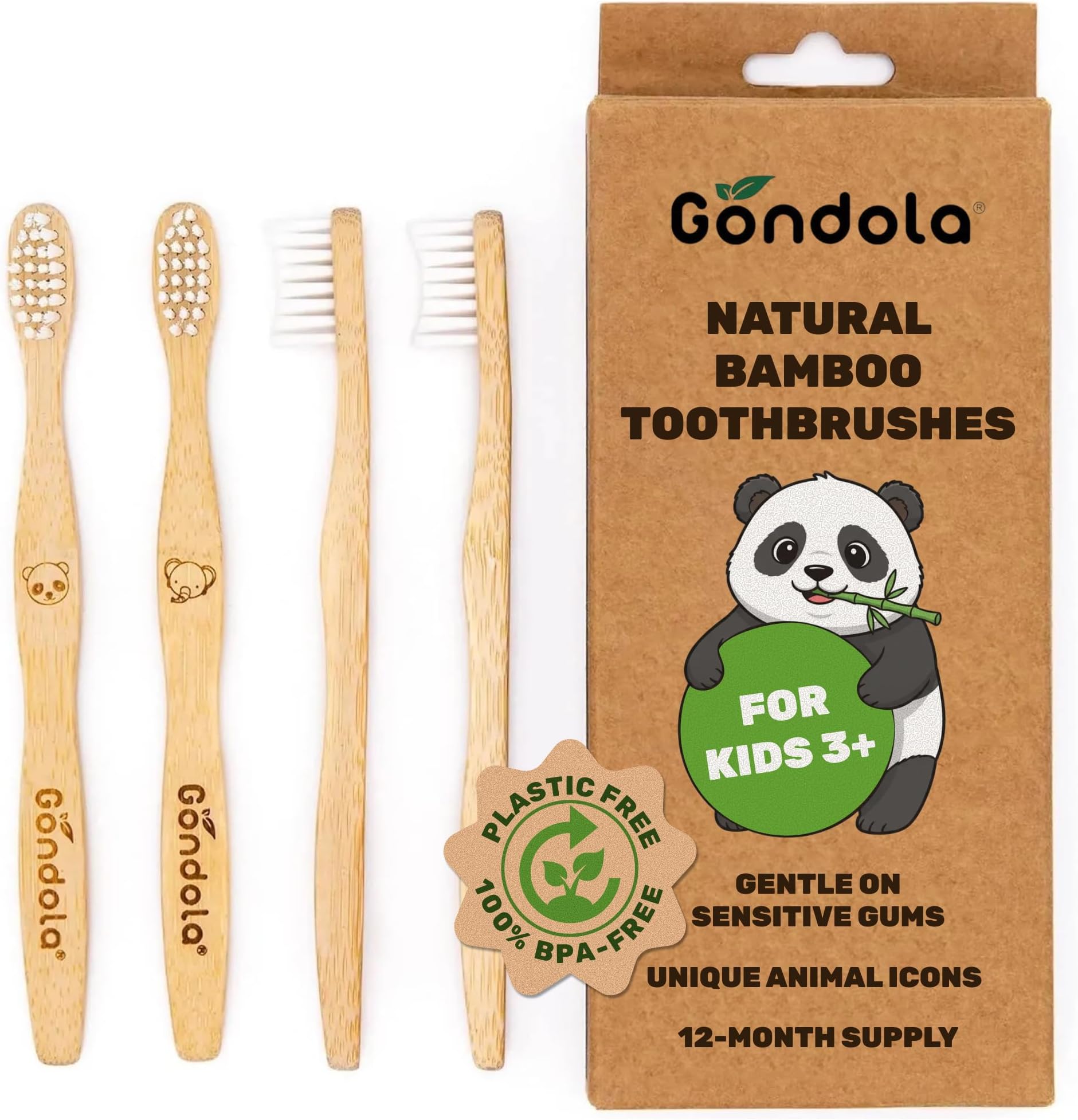 Gondola Kids Bamboo Toothbrush - 4 Pack Soft Bristles Toothbrush with Smooth Water-Resistant Bamboo Handle for Small Hands - Manual Toothbrushes for Boys & Girls - Travel & Home Bathroom Set