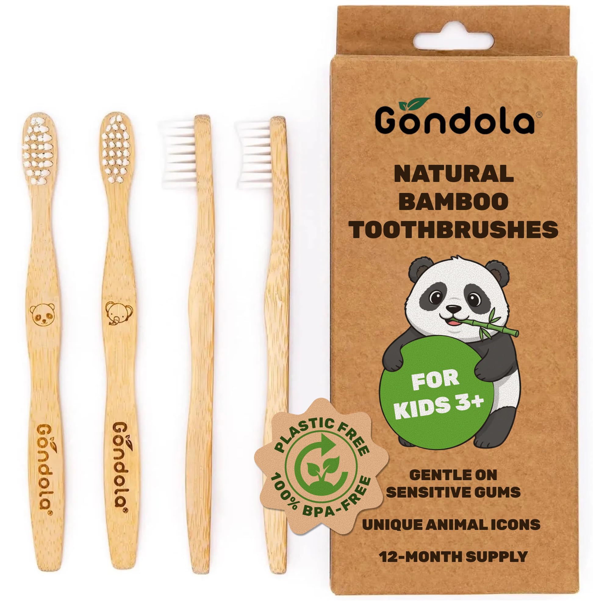 Gondola Kids Bamboo Toothbrush - 4 Pack Soft Bristles Toothbrush with Smooth Water-Resistant Bamboo Handle for Small Hands - Manual Toothbrushes for Boys & Girls - Travel & Home Bathroom Set