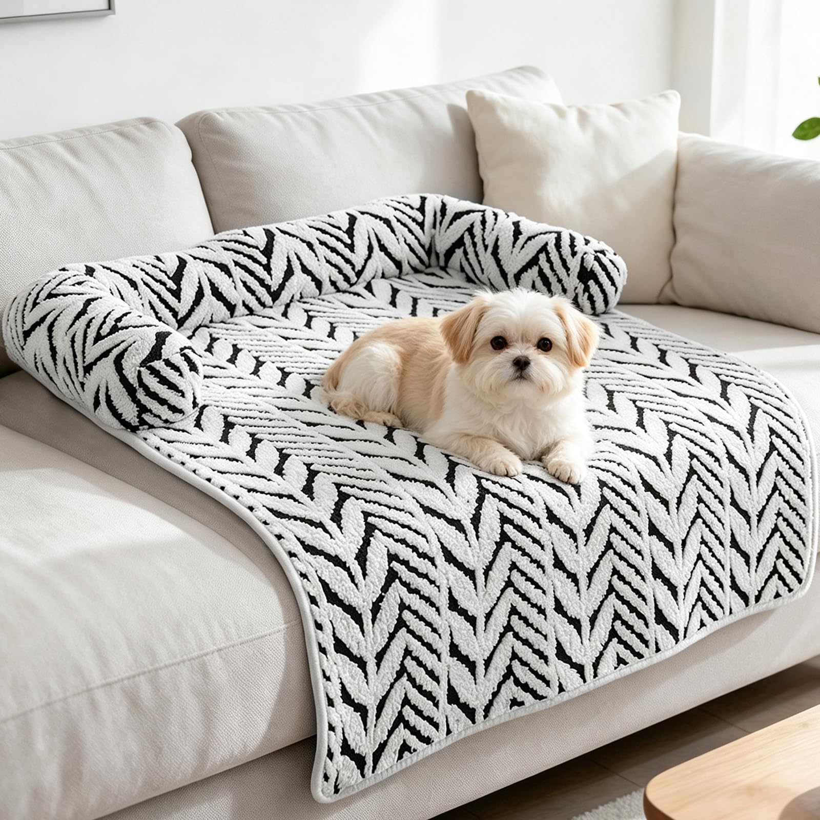 Dog Couch Mat, Sofa Bed Pet Mat, Plush Material Couch Protector, Thickened Plush Scratch, Sofa Cat Bed Pad Resistant Bottom Non Slip Design, Dog Bed Mat for Puppy, Kitten, Cat - White & Black 60x80cm