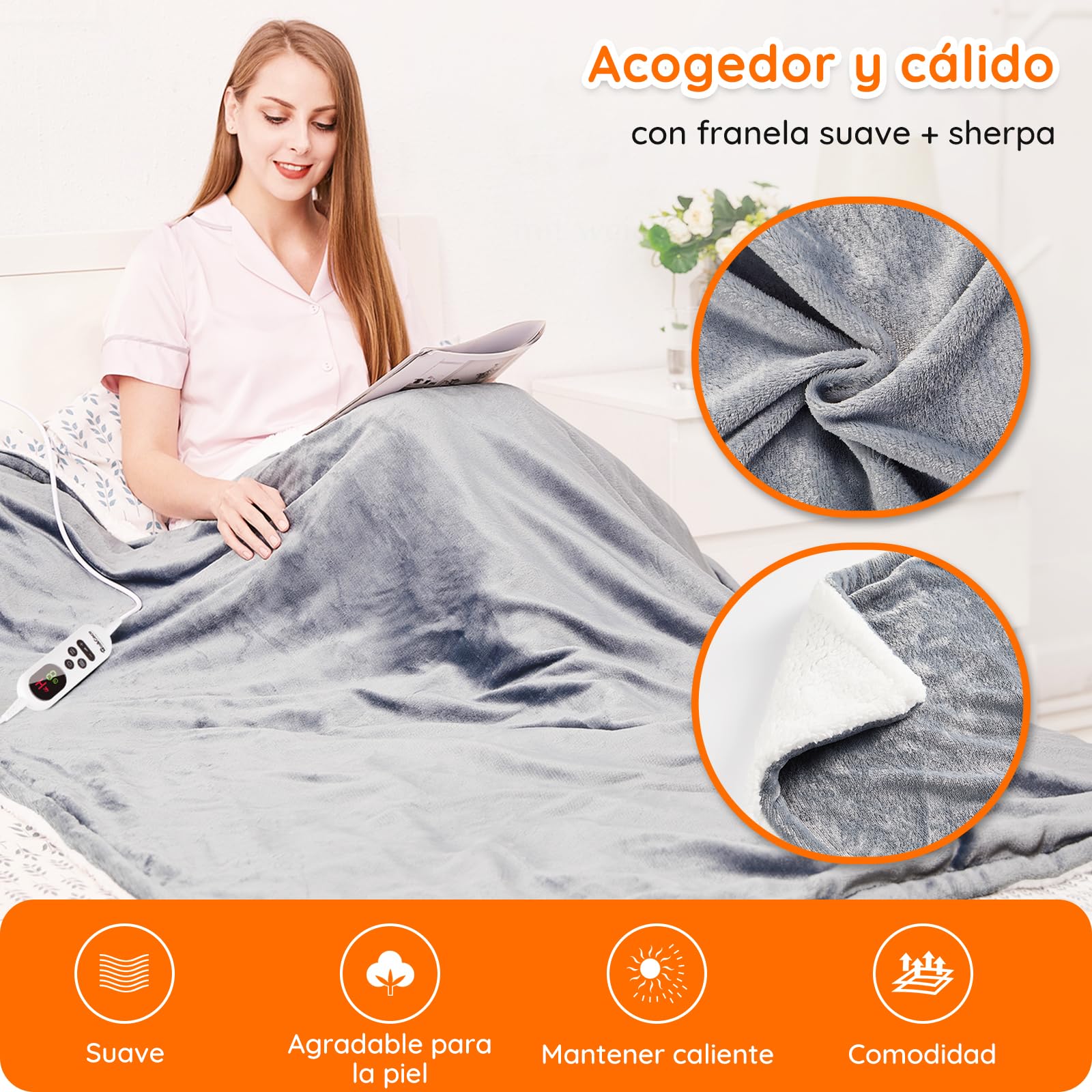Mia&Coco Manta eléctrica Apagado automático, 180 x 130 cm, 10 Niveles de Calor, Temporizador de Apagado automático de 9 Horas, protección contra sobrecalentamiento, Lavable a máquina, Gris