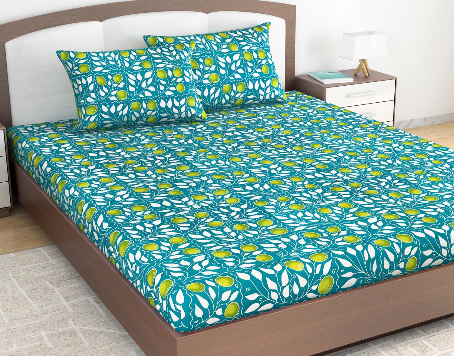 Divine Casa 100% Cotton 144 TC King Size Bedsheet with 2 Pillow Covers | 270 by 270 cm | Teal & Yellow | Floral