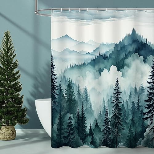 Miniatura 22 de Cortina de ducha azul marino con bosque de pinos brumosos, cortinas de ducha con paisaje de bosque brumoso de montaña, cortinas de ducha para baño