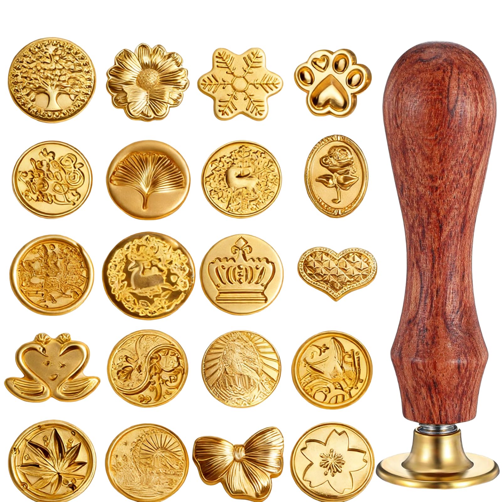21 PCS Wax Seal Stamp, Gold Wax Seal Kit with Removable Wooden Handle, for Wedding Invitations and Gift Wrapping, Vintage Style Sealing Wax Stamp Set with 20 Design Options