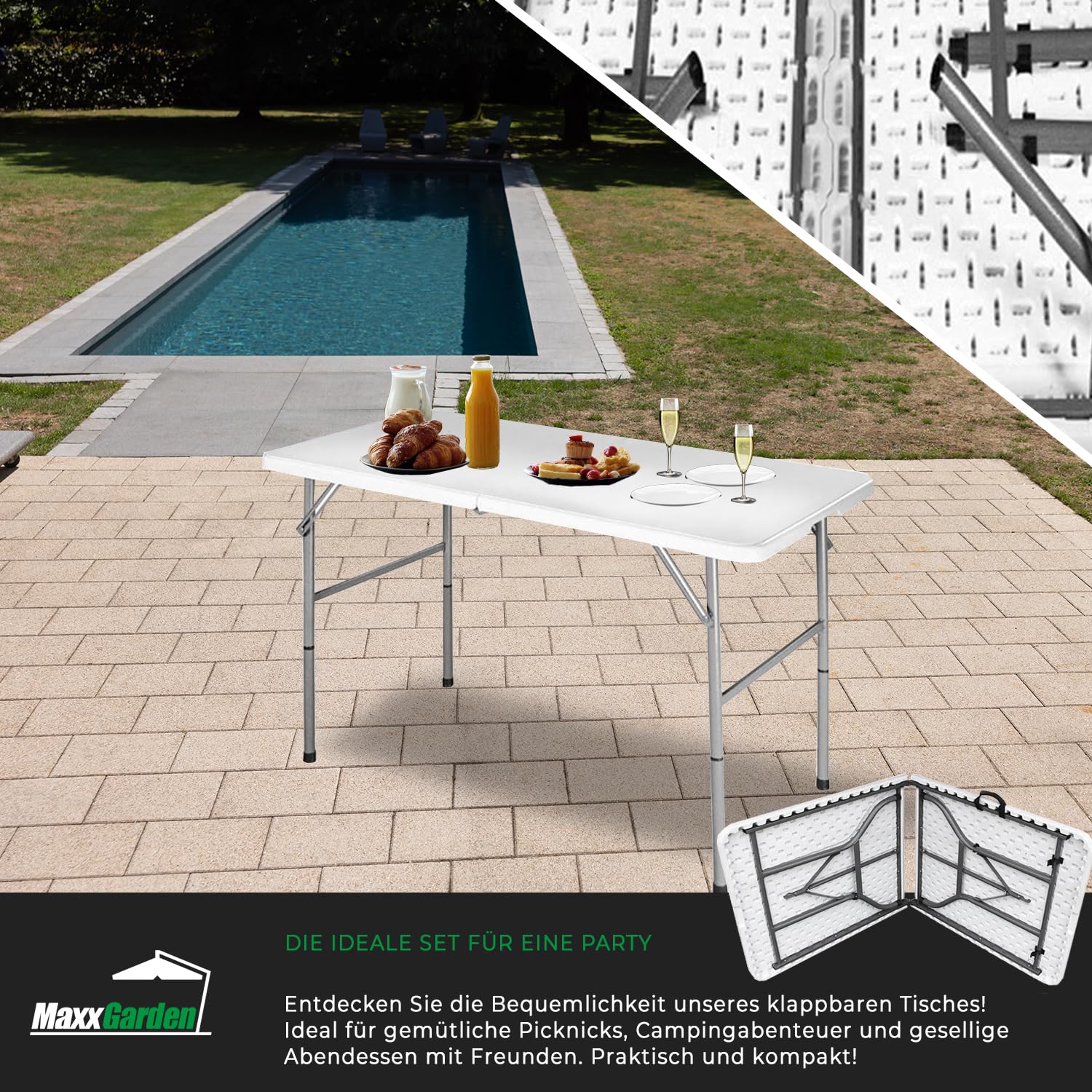 MaxxGarden Klapptisch – Campingtisch klappbar - Tragbarer Falttisch - Gartentisch aus Plastik - Klappbarer Tisch 120x60x74cm – Falttisch für Indoor und Outdoor