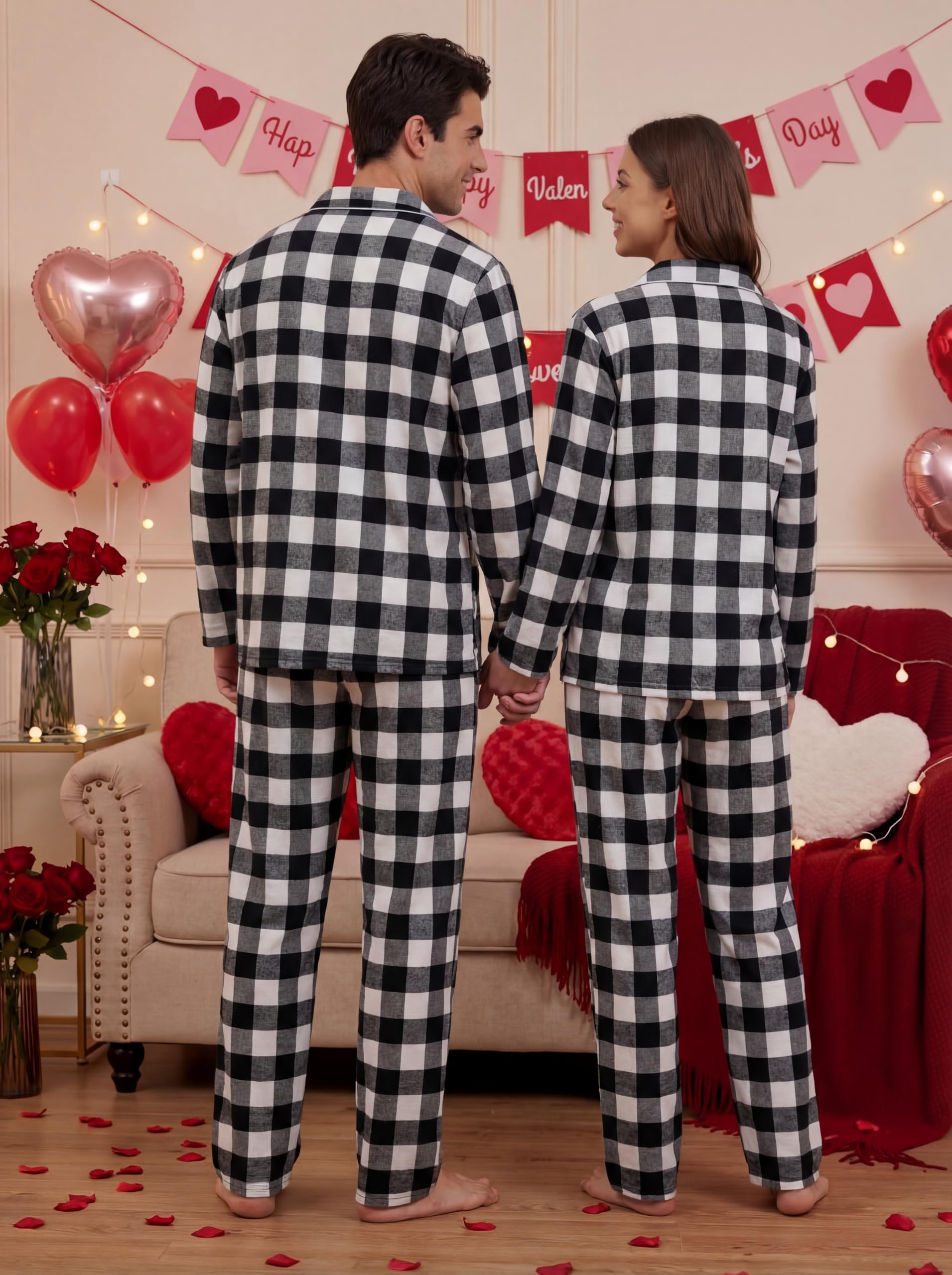 Liitrsh Conjunto de pijamas de Navidad a juego para parejas con calcetines, pijamas familiares a cuadros de manga larga con botones, ropa de descanso cálida