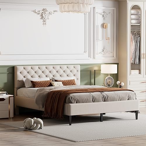 Miniatura 3 de DNYN Base de cama tapizada de lino tamaño Queen para niños, adolescentes y adultos, base de cama de madera maciza con soporte de tablillas, no