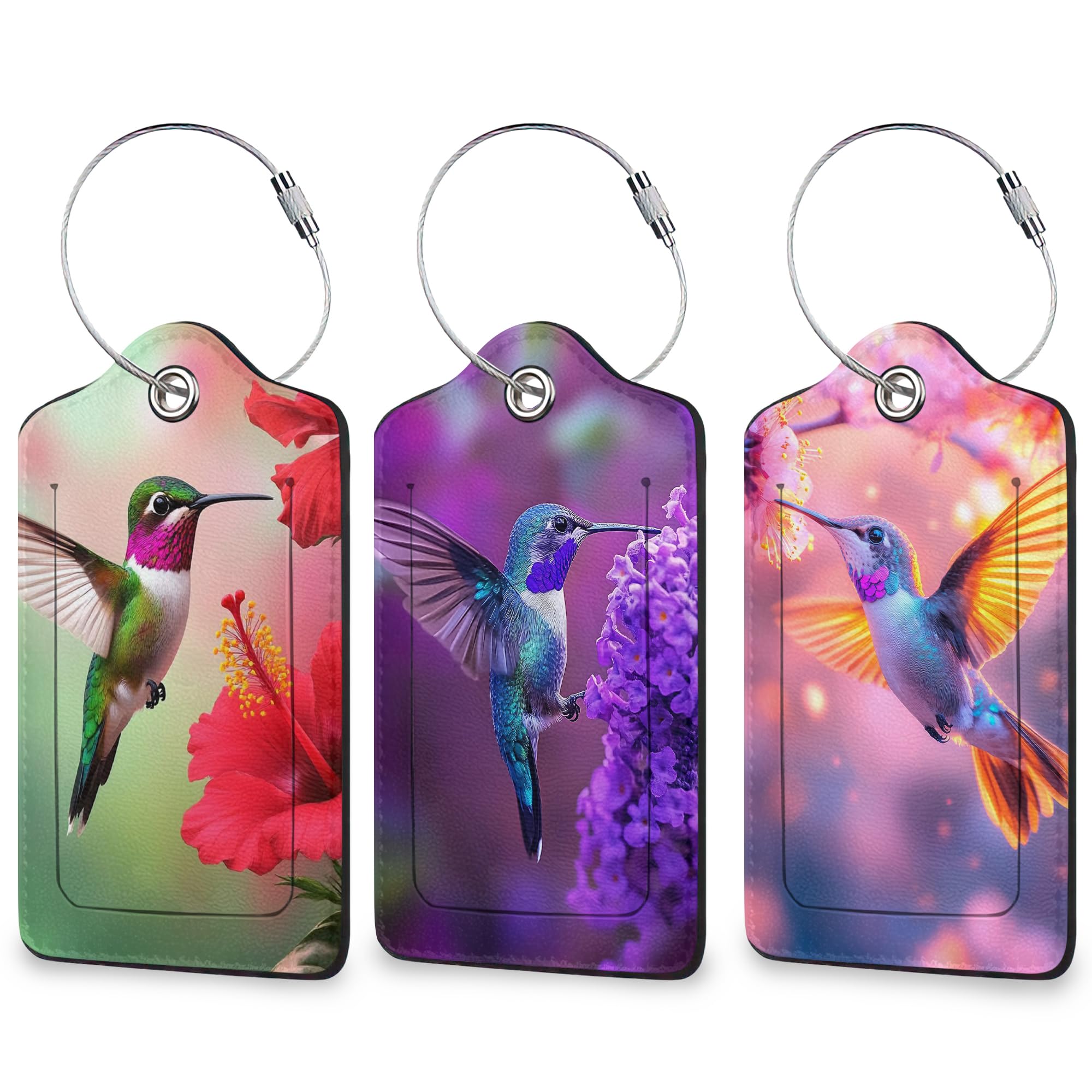 Etichette per bagagli a forma di colibrì per valigie, confezione da 3 etichette identificative in pelle con anello in acciaio inossidabile e scheda indirizzo, per uomini e donne