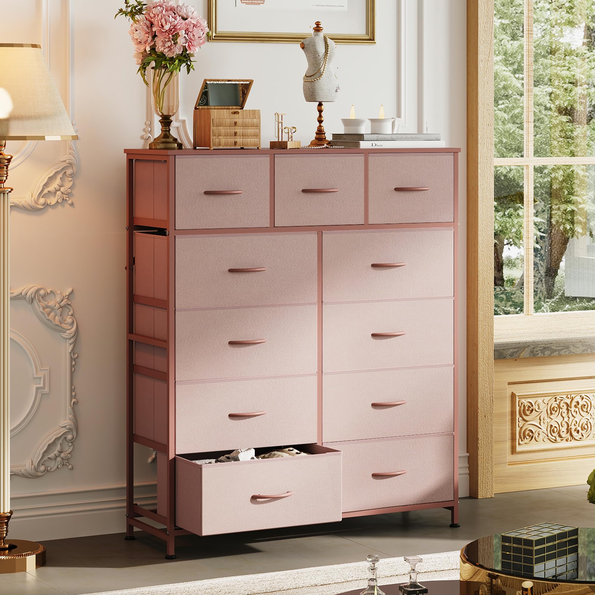 WLIVE Tall Dresser for Bedroom, 11 Drawer Chest of Drawers, Pink