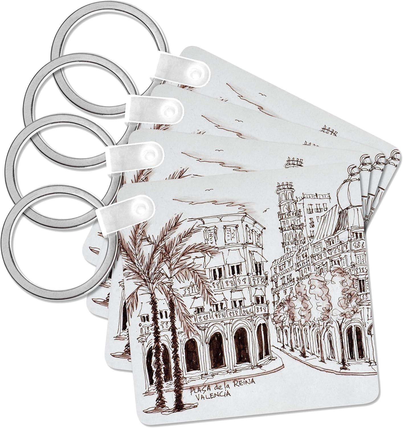 3dRose Key Chains - Placa De La Reina in Old Town, Valencia, Spain, 2.25 by 2.25-Inches, Set of 4 (kc_313873_2)