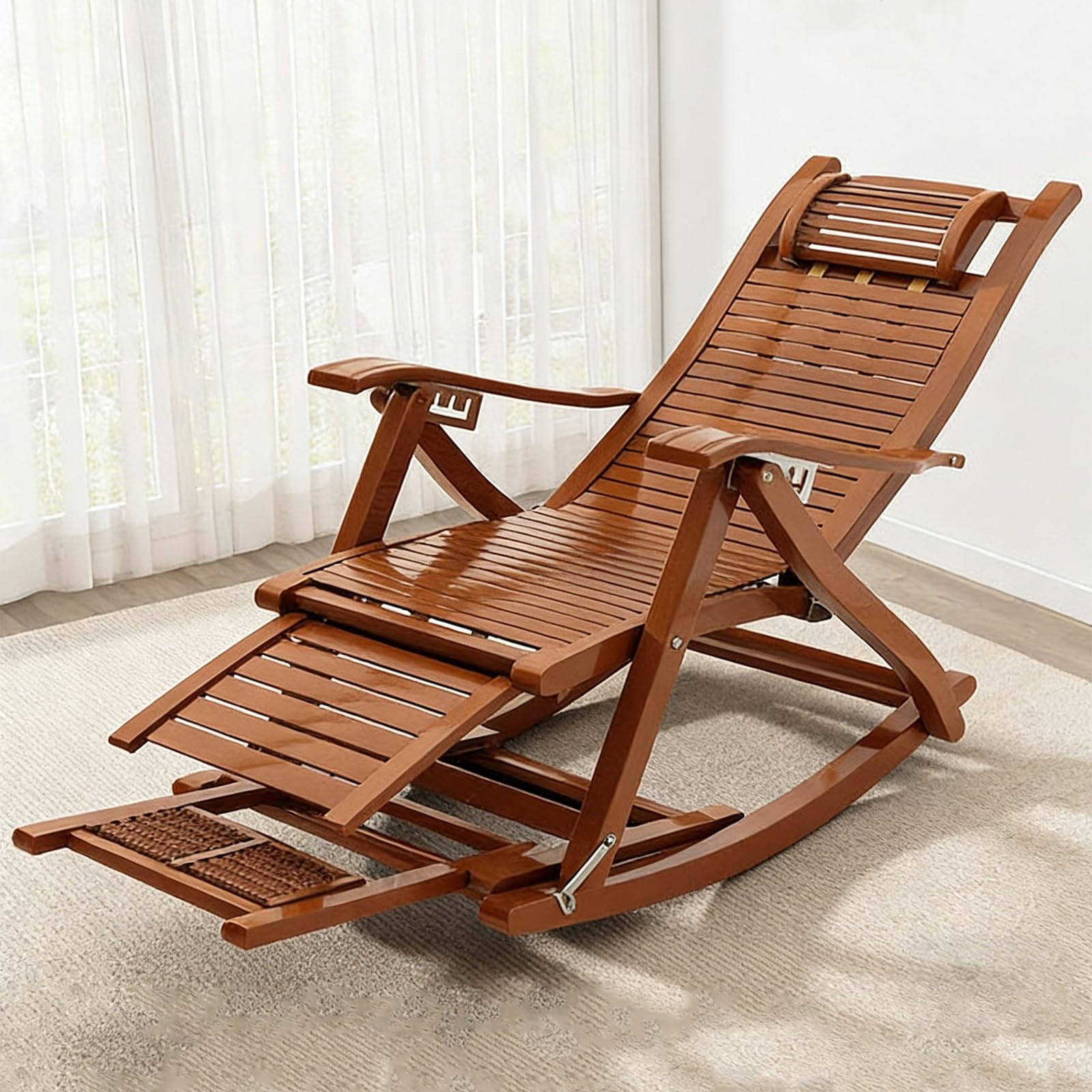 GTHTUHFD Folding Bamboo Rocking Chair, Outdoor Relaxing Recliners With Adjustable Backrest, Patio Reclining Rocker Chair, Lounge Chair For Beach, Yard, Lawn, Pool,Brown