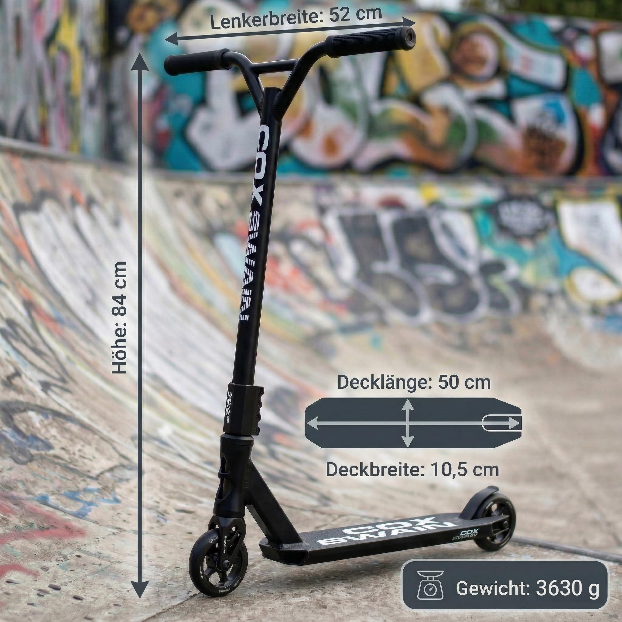 Cox Swain X-385 Stunt Scooter Kinder ab 10 Jahre – Stunt Roller mit SCS Compression, CNC-gefräster Alu Gabel aus einem Stück, ABEC 9 Alu Core Rollen & 360° Y-Lenker für Skatepark & Pipe