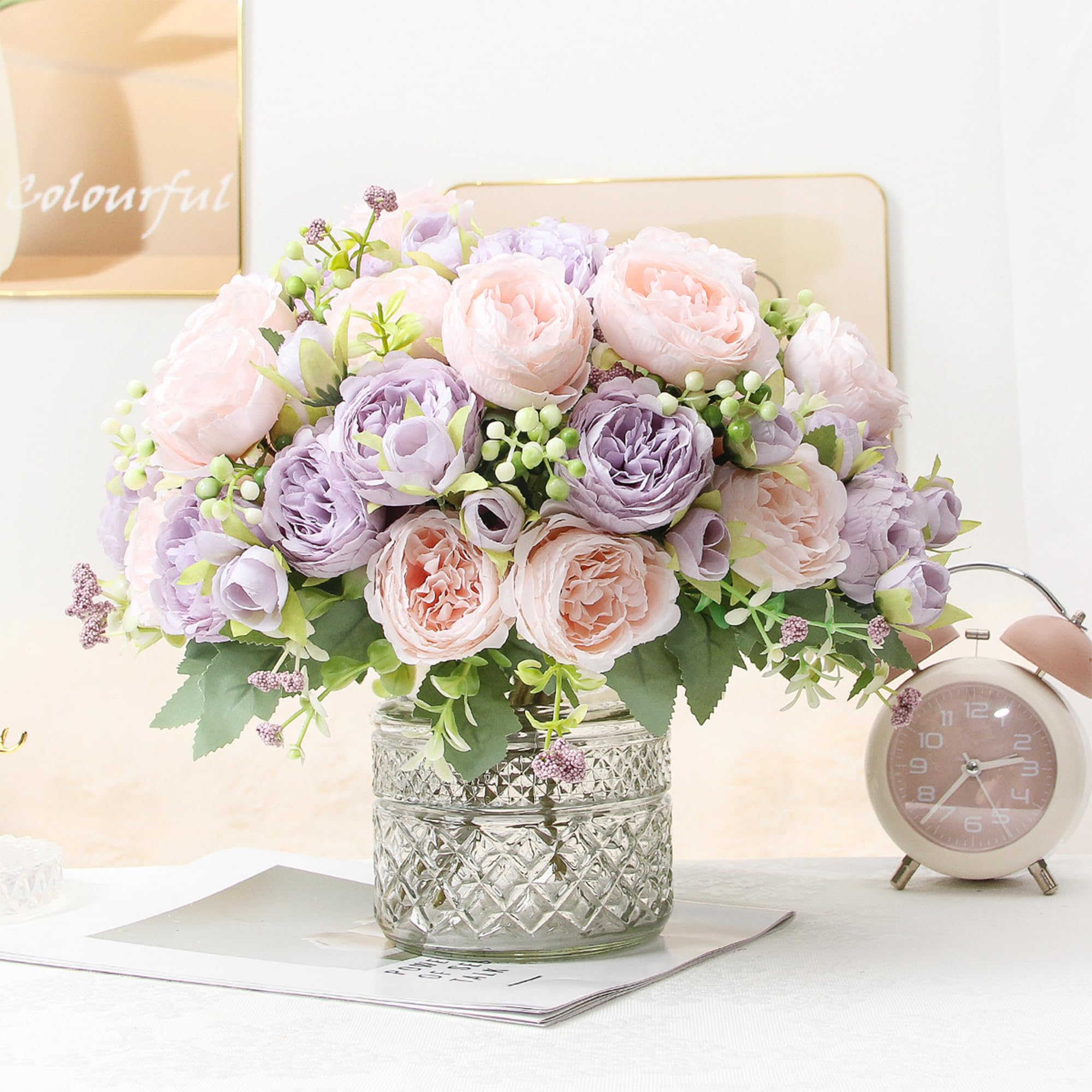 HNVNER 2 Bunches Fake Peonies Artificial Flowers, Silk Peony Bouquet for Home Wedding Party Decoration Pink-Purple - Image 4