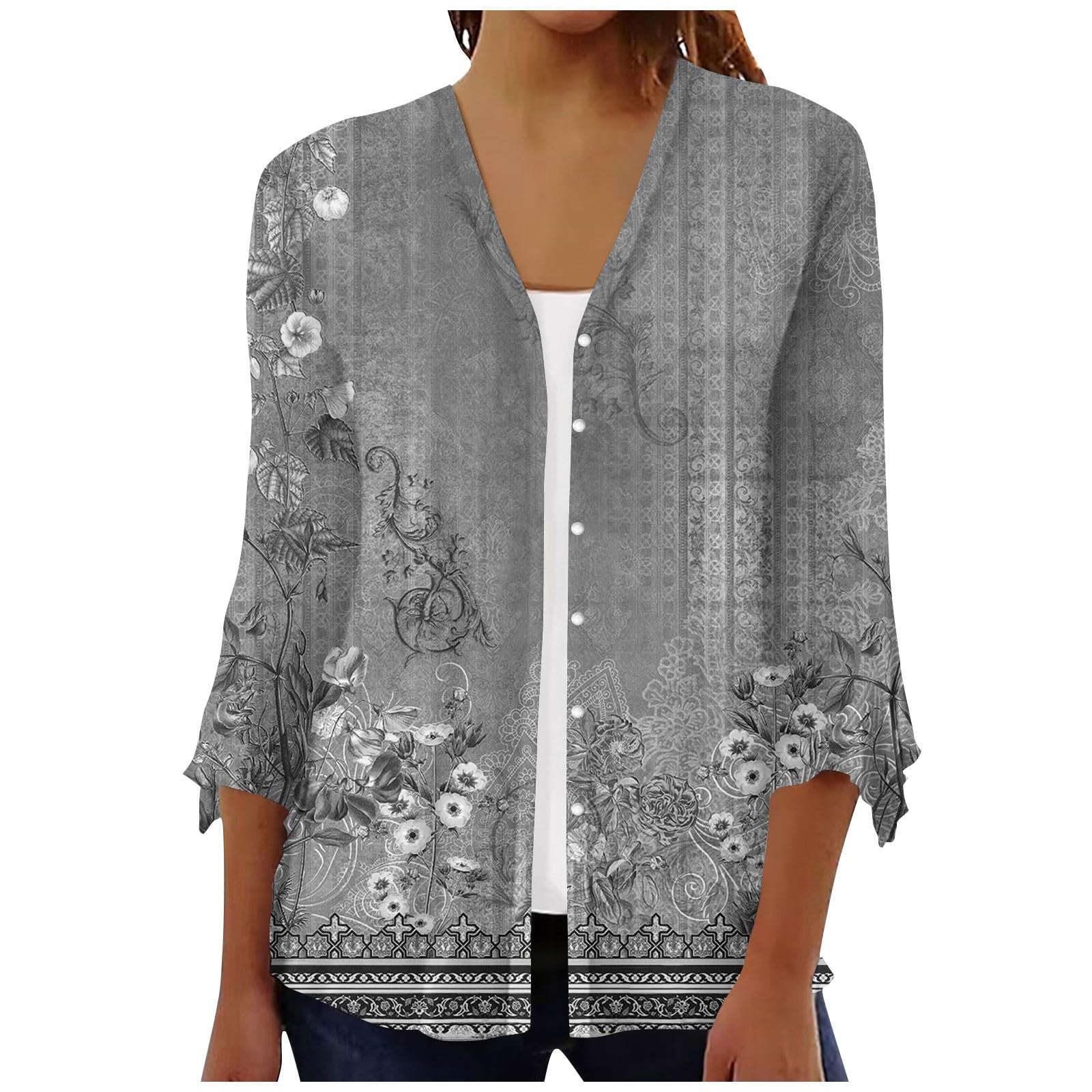 3/4 Sleeve Club Collarless Kimono Womens Open Front Boho Summer Cardigan Comfy Ruffle Graphic Baggy