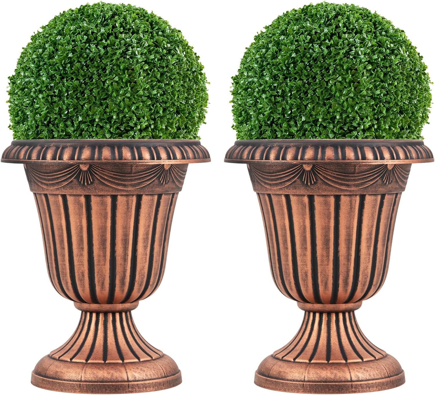 Giantex 18" Tall Vintage Planters Set of 2, Urn Plastic Flower Pots with/Pedestal Base & Pre-Marked Drain Hole, Indoor Outdoor Decorative Plant Containers for Front Porch Home Wedding, Bronze