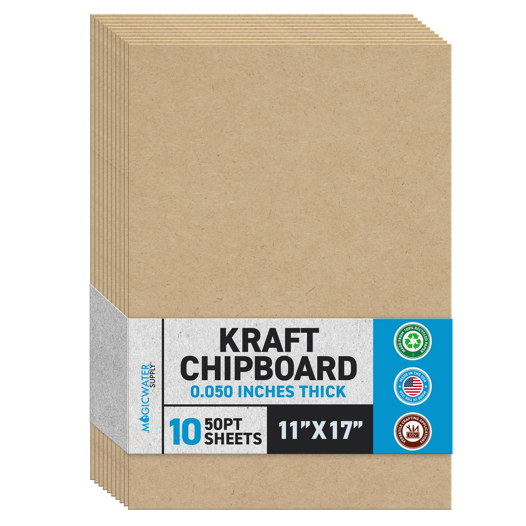 MagicWater Chipboard Sheet for DIY Projects - 11x17 Inch - 10 Pack - 50 pt - Heavy Duty Kraft (0.050 Inch Thick) Paperboard, For Scrapbooking, Books,