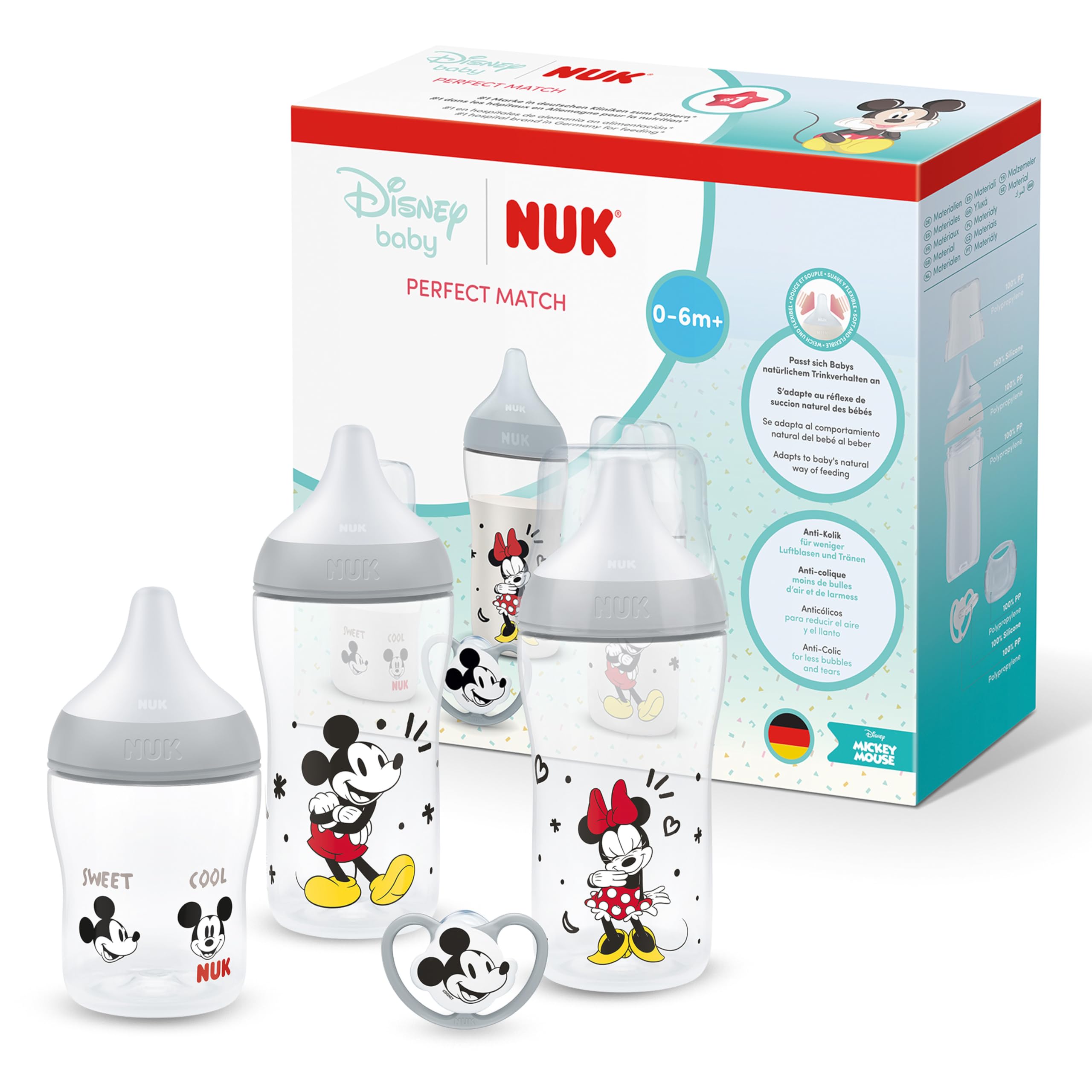 NUK Perfect Match Babyflaschen & Schnuller Geschenkset für Neugeborene | 0–6 Monate | 3 x Anti-Kolik-Flaschen (150 ml, 260 ml), 1 x Perfect Match Air Schnuller | Disney Micky Maus | 4 Stück