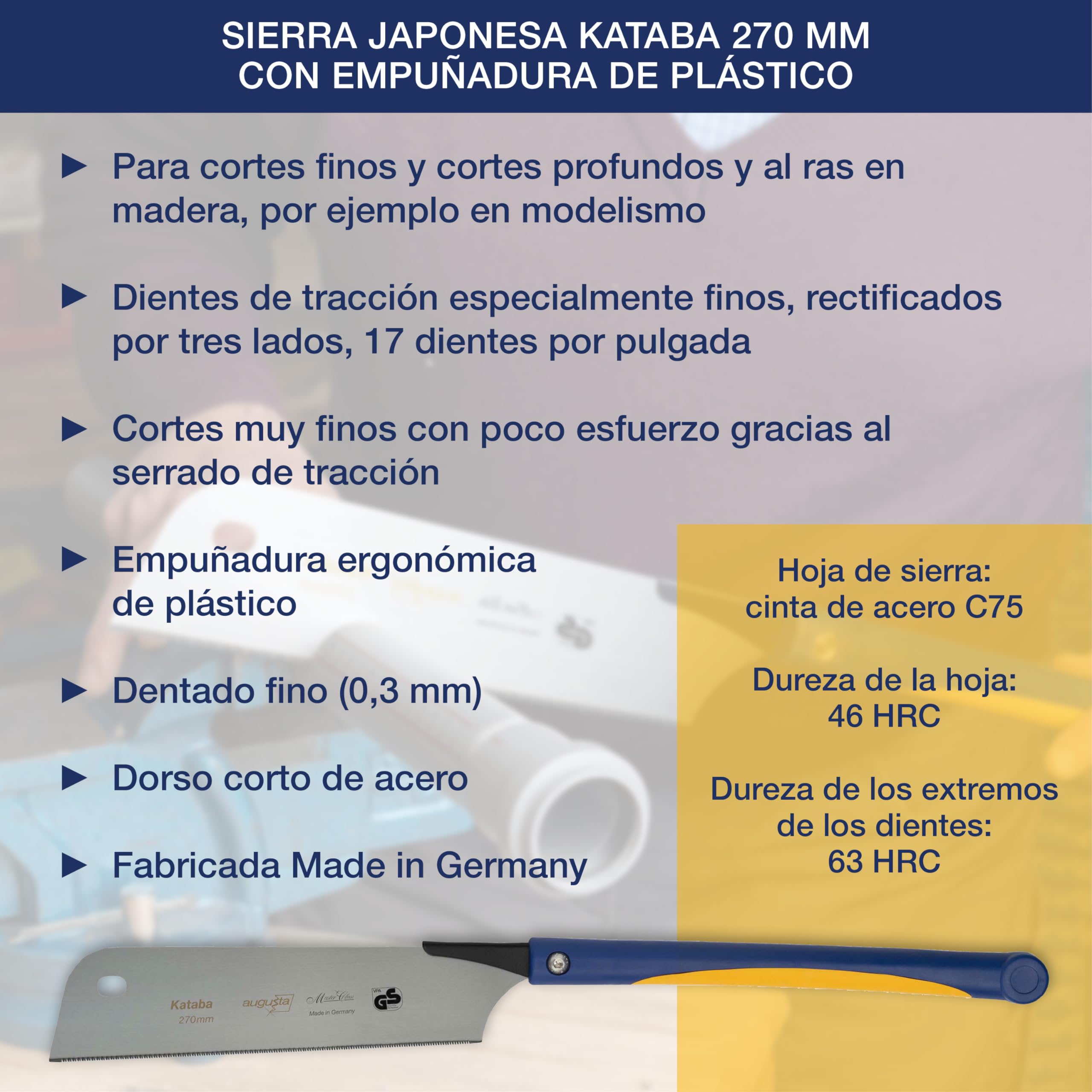 Augusta-Heckenrose Sierra japonesa Kataba - sierra tradicional con dorso de acero acortado y mango de plástico - corte de diamante por tres lados - dentado especial para cortes finos en madera