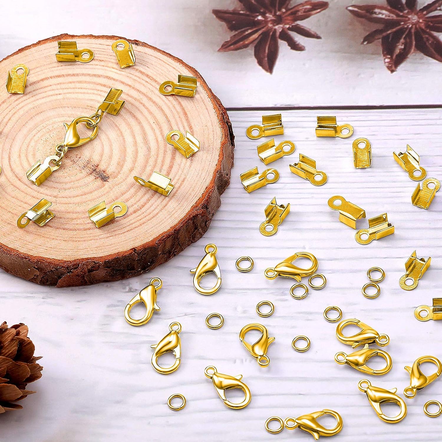 450 Piece Jewelry Making Accessories Kit Include 200 Fold Over Cord End Caps Crimp End Tips 200 Jump Ring Connectors and 50 Bracelet Necklace Lobster Claw Clasps and Closures (Gold)