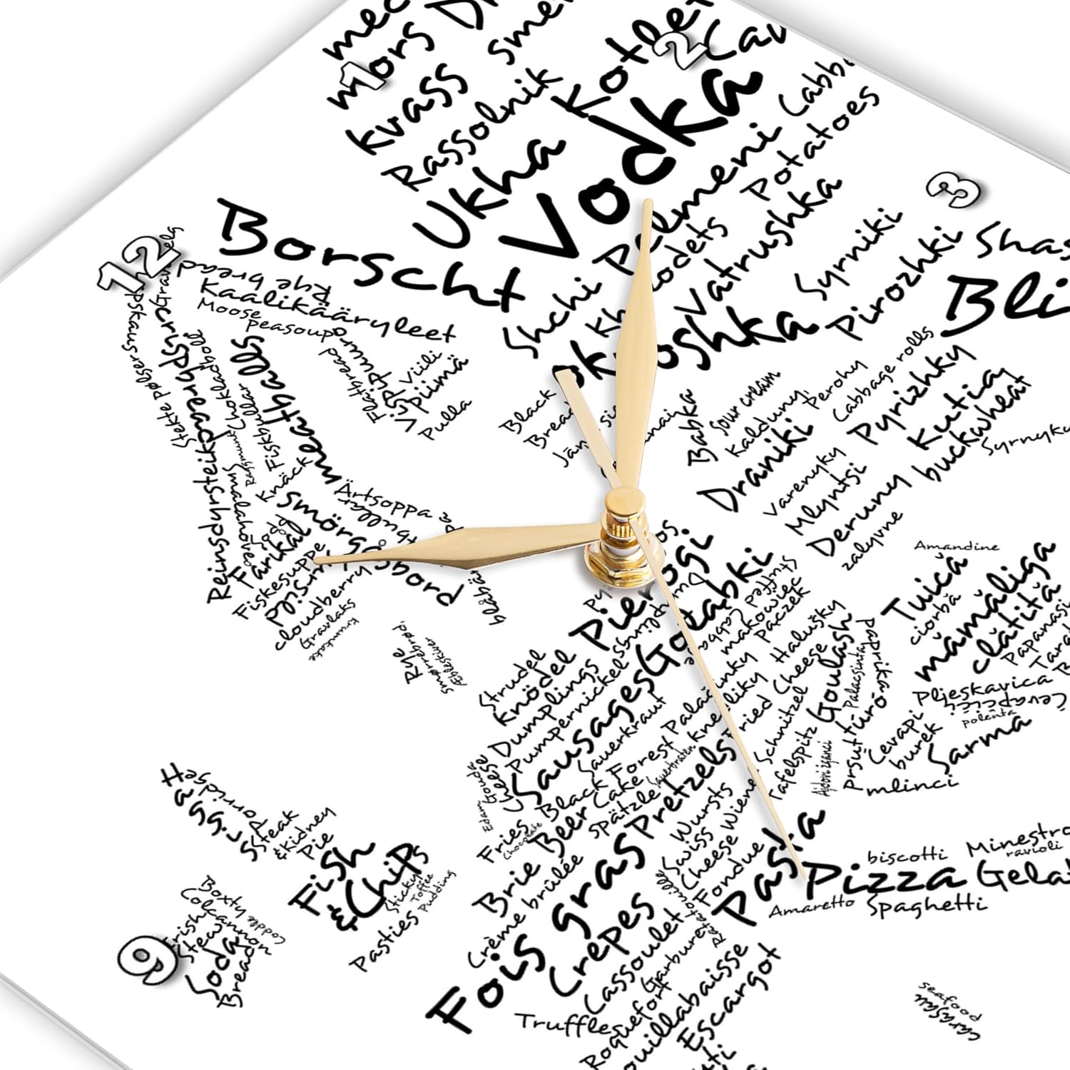 3dRose White and Black Food Map of Europe Made from Names of International Cuisine Dishes - Foodie Gifts - Wall Clock, 10 by 10-Inch (DPP_57513_1)