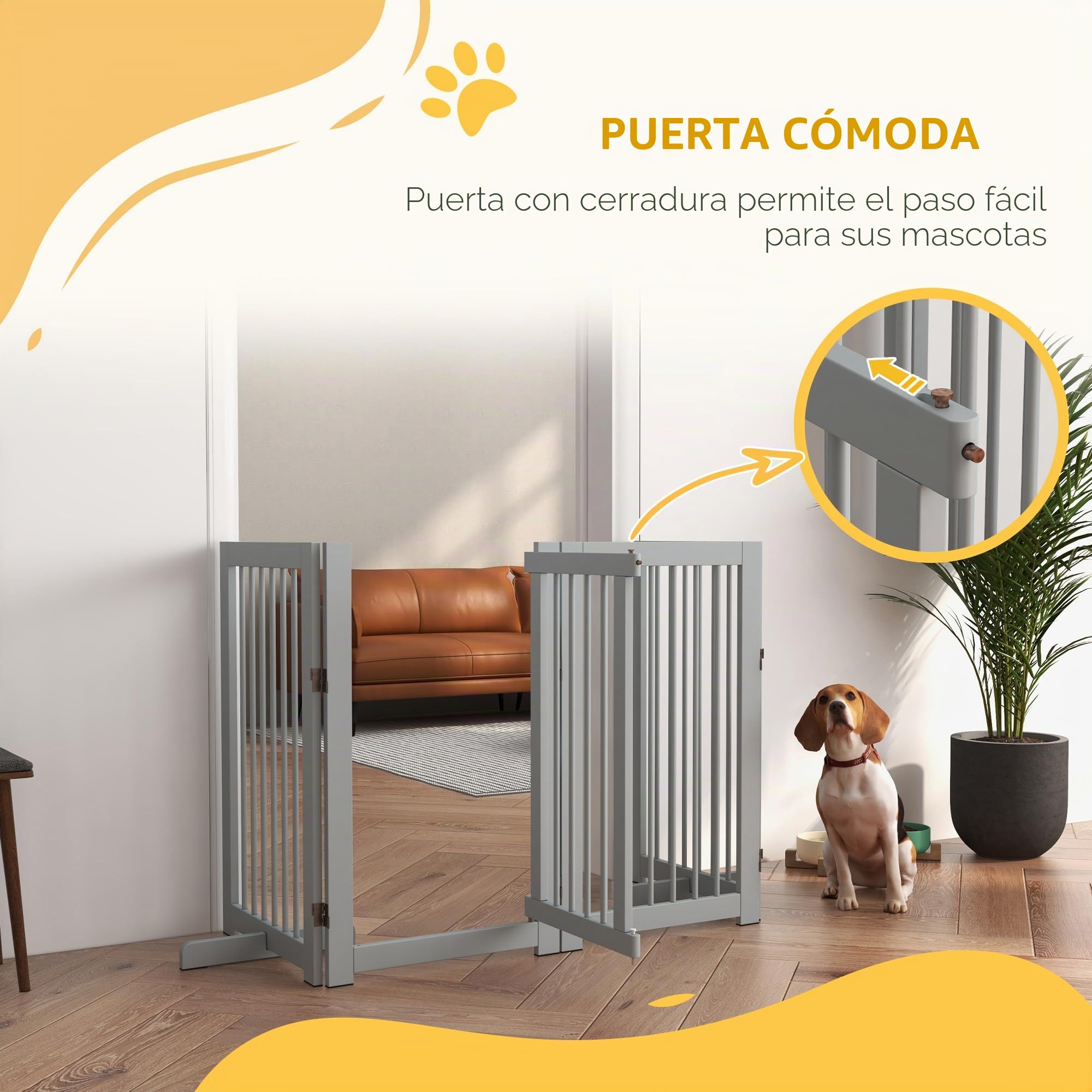 PawHut Barrera para Perros de 4 Piezas, 220 x 91 cm Puerta de Seguridad Plegable con Puerta, Puerta para Perros Independiente con 2 Patas de Apoyo, Puerta de Madera para Pasillo, Cocina, escaleras,