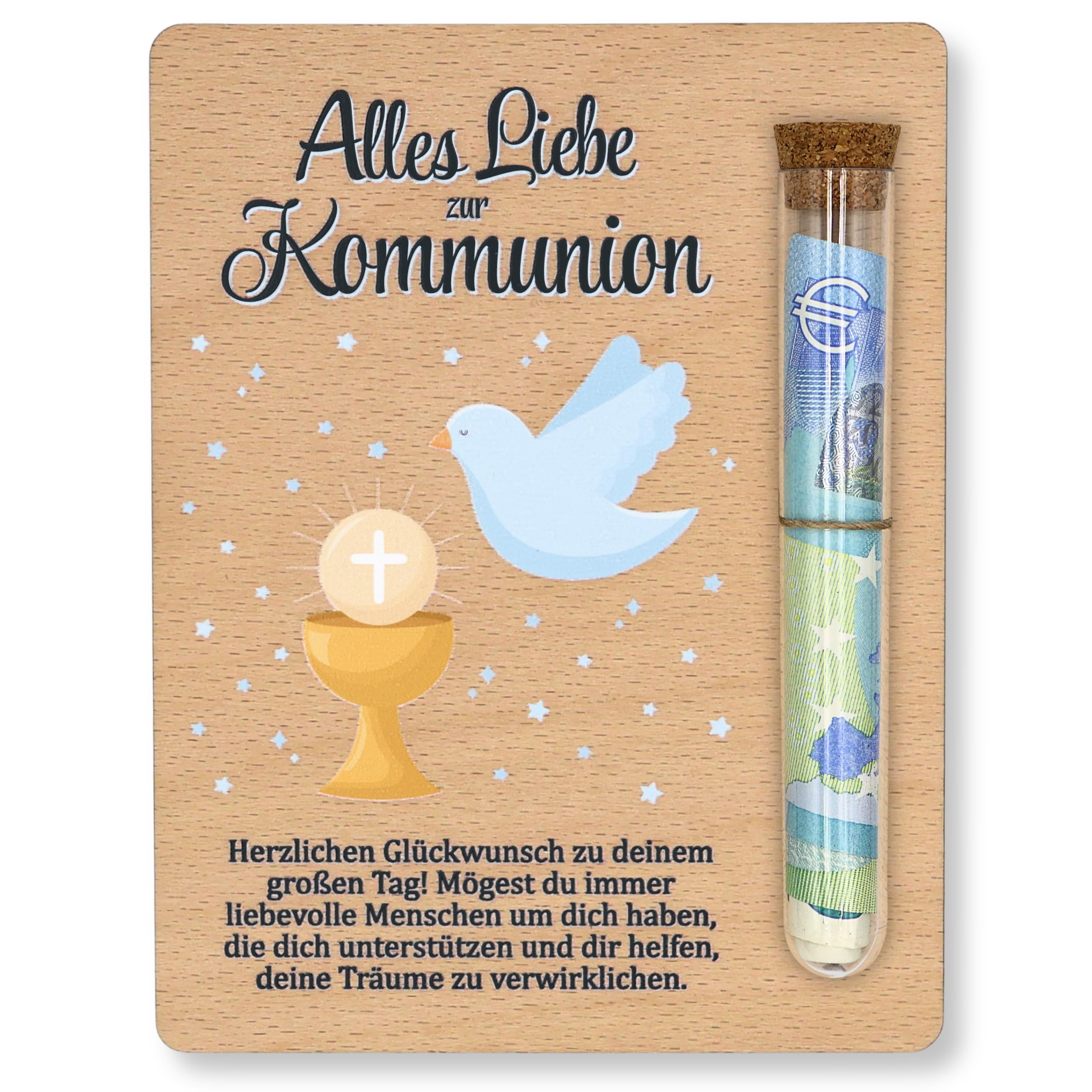 ZUKLA Verpackung für Geldgeschenke Kommunion - 13 x 10 cm - mit Reagenzglas - Geschenk für Jungen & Mädchen - Geldgeschenk Verpackung Holz