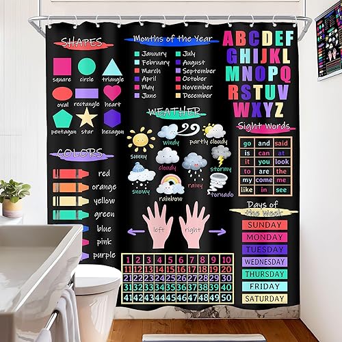 Miniatura 10 de Imirell Cortina de ducha educativa para niños, 60 pulgadas de ancho x 72 pulgadas de alto, estilo bohemio, acuarela, alfabeto ABC, números pastel,