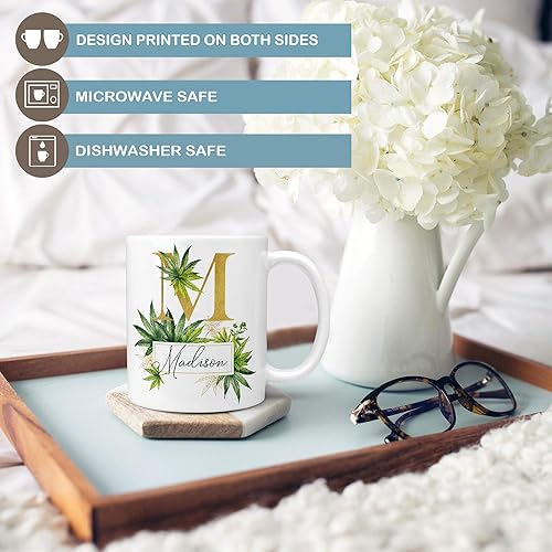 Miniatura 2 de Personalized Name and Initial Botanical Leaves Ceramic Coffee Mug, 11 or 15 oz