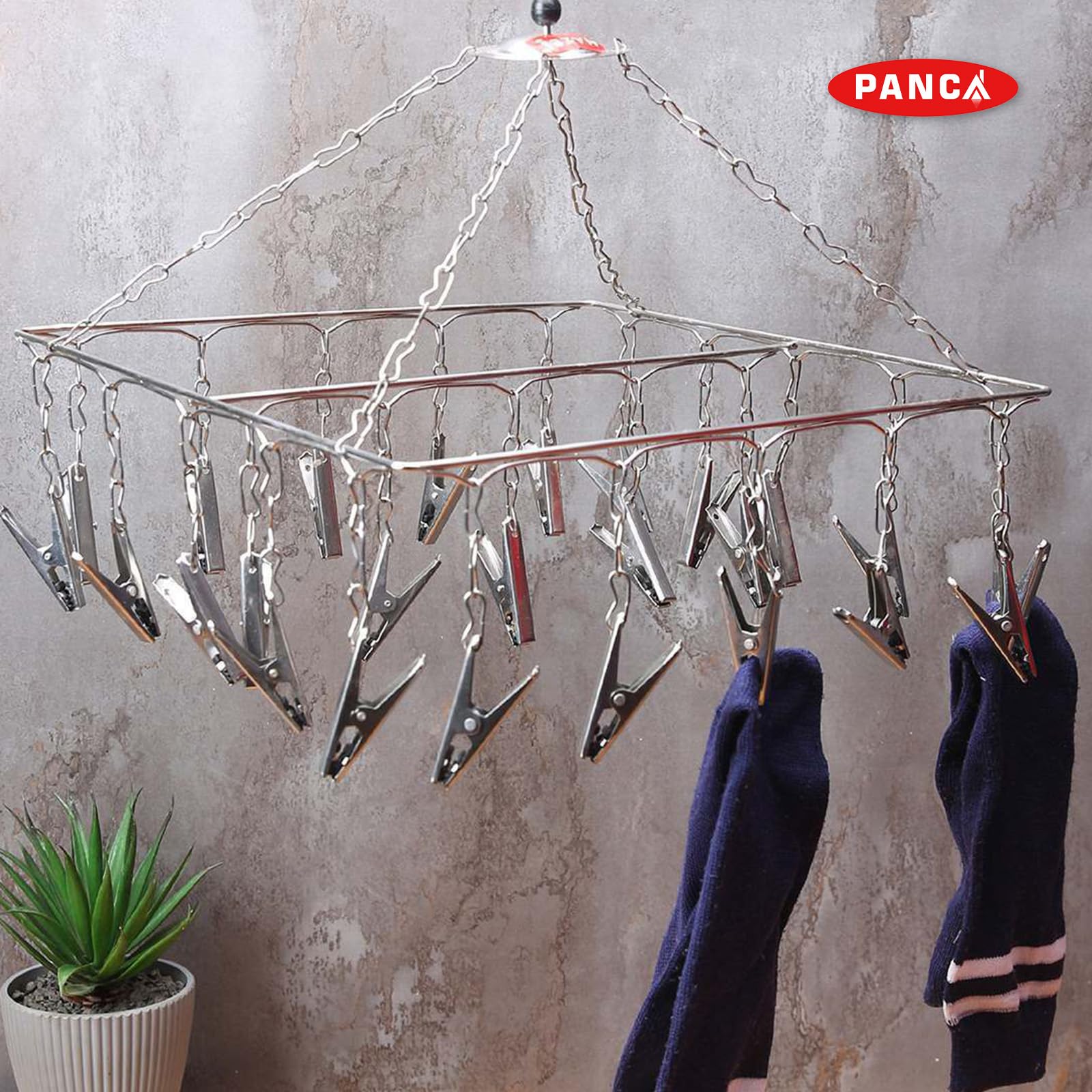 PANCA 25 Clips Edelstahl Tuch Trockenbügel | Quadratischer Wäscheständer mit Haken für Babykleidung, Unterwäsche & kleine Wäschestücke | Platzsparendes Hängetrocknergestell für Zuhause