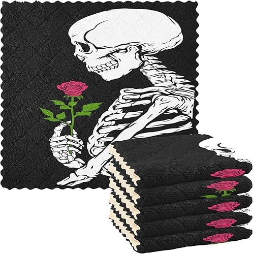 Miniatura 1 de Paños de cocina de calavera con rosa, paquete de 6 paños de cocina de secado rápido, toallas de limpieza absorbentes, toalla de vajilla para cocina
