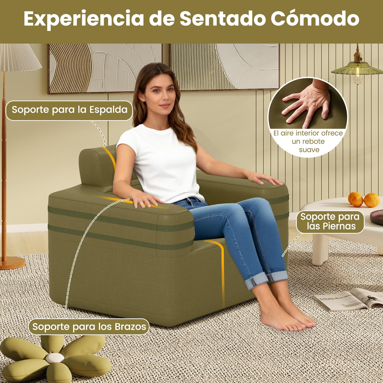 COSTWAY Silla Inflable para Camping, Sofá Hinchable con Bomba Portátil Desmontable, Tela Oxford, Bolsillo de Almacenamiento, Sofá de Aire Individual para Salon, Camping, Picnic, Playa, Carga 150 kg