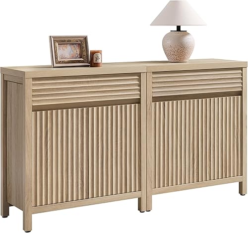 Miniatura 16 de SICOTAS - Gabinete de aparador con cajón - Aparador estriado moderno con puertas y estantes ajustables, credenza de estilo rústico para barra