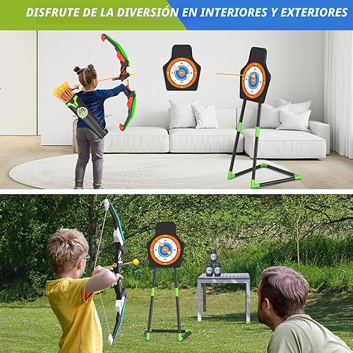 Miniatura 7 de Paquete de 2 arcos y flechas para niños, juego de tiro con luz LED con 24 flechas de ventosa, 1 objetivo de pie, 6 objetivos de puntuación y 2