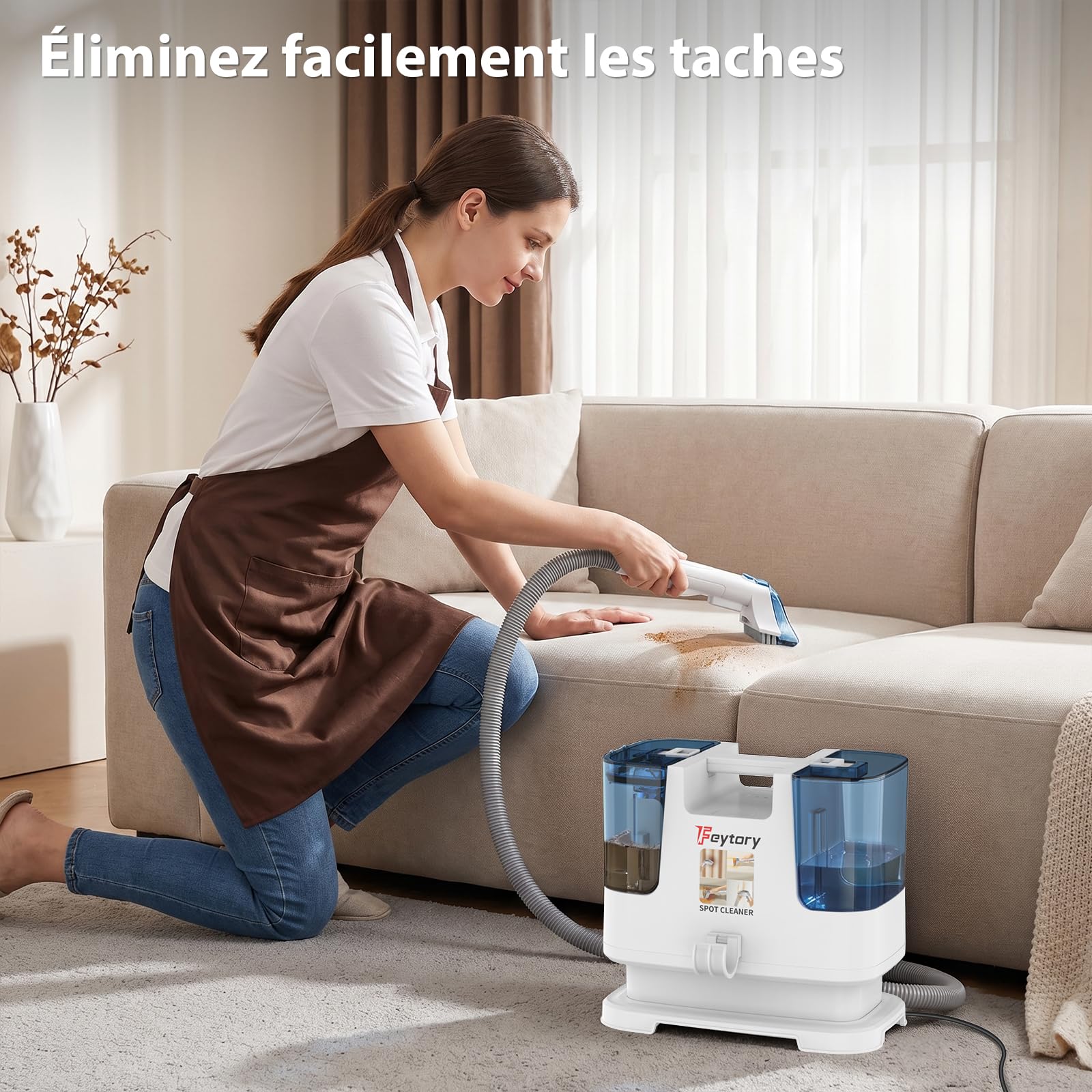 Shampouineuse Injecteur Extracteur 430W – Puissance 15KPa, 11000 tr/min, Réservoirs 0,6L Eau Propre/Sale, Clapet Anti-Débordement, Nettoyeur Canapé Tissu, Tapis, Matelas, Rideaux, Animaux