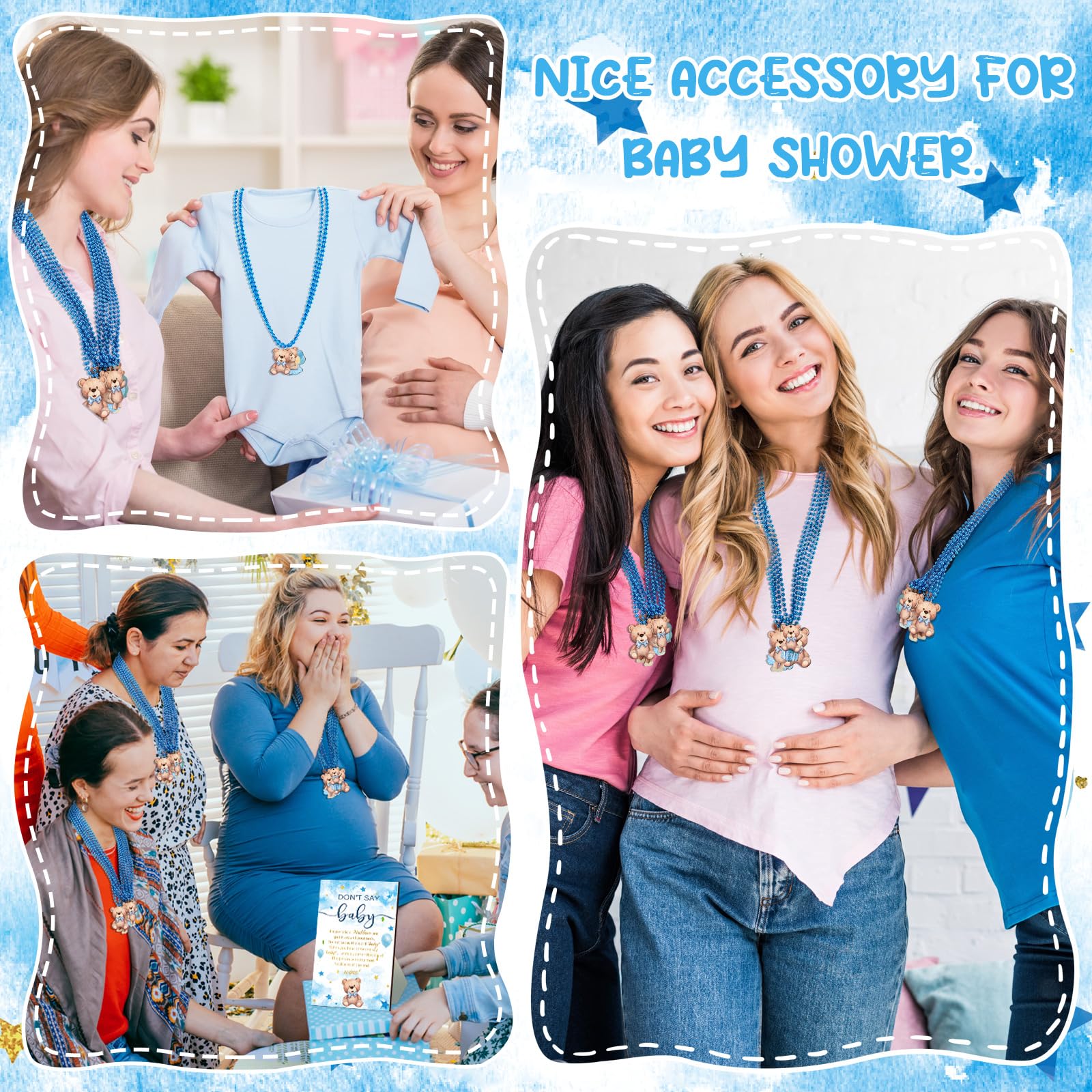 51-teiliges "Don't Say Baby Shower"-Spielzubehör, cooles Babyparty-Spiel, inklusive Babyparty-Schild und 50 Baby-Halsketten, Holzketten, Babyparty für Jungen und Mädchen, Party-Dekoration (blauer Bär)