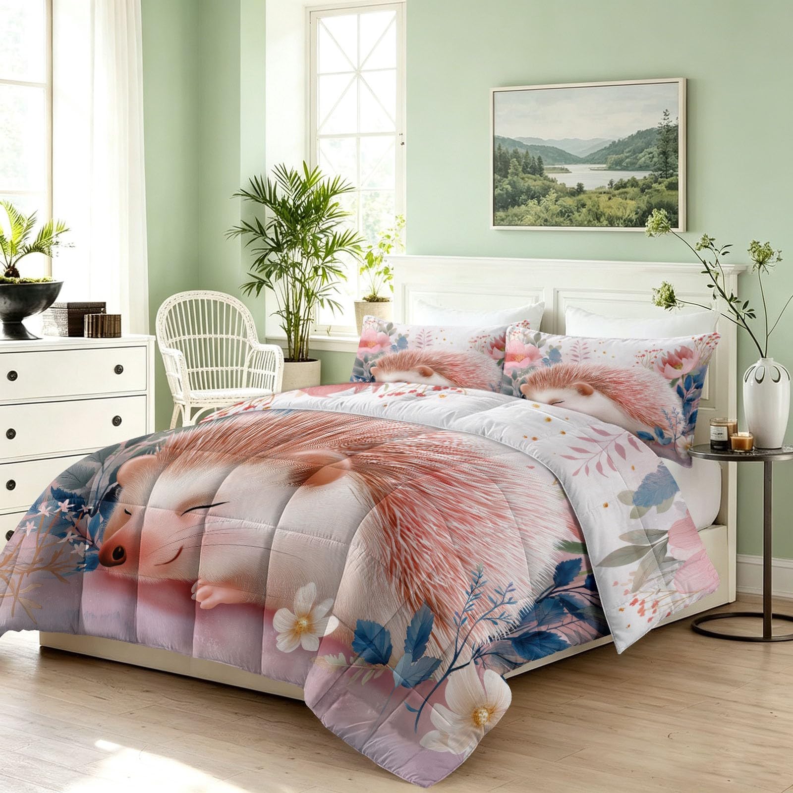 Bettdecke ohne Bezug 135x200 cm Beige Valentinstag Patchwork Muster Antiallergisch Leichtsteppbett & Ganzjahresdecke - Waschbar mit 2 Kissenbezügen Igel Wiese Blumen Weiche und Atmungsaktive Wende