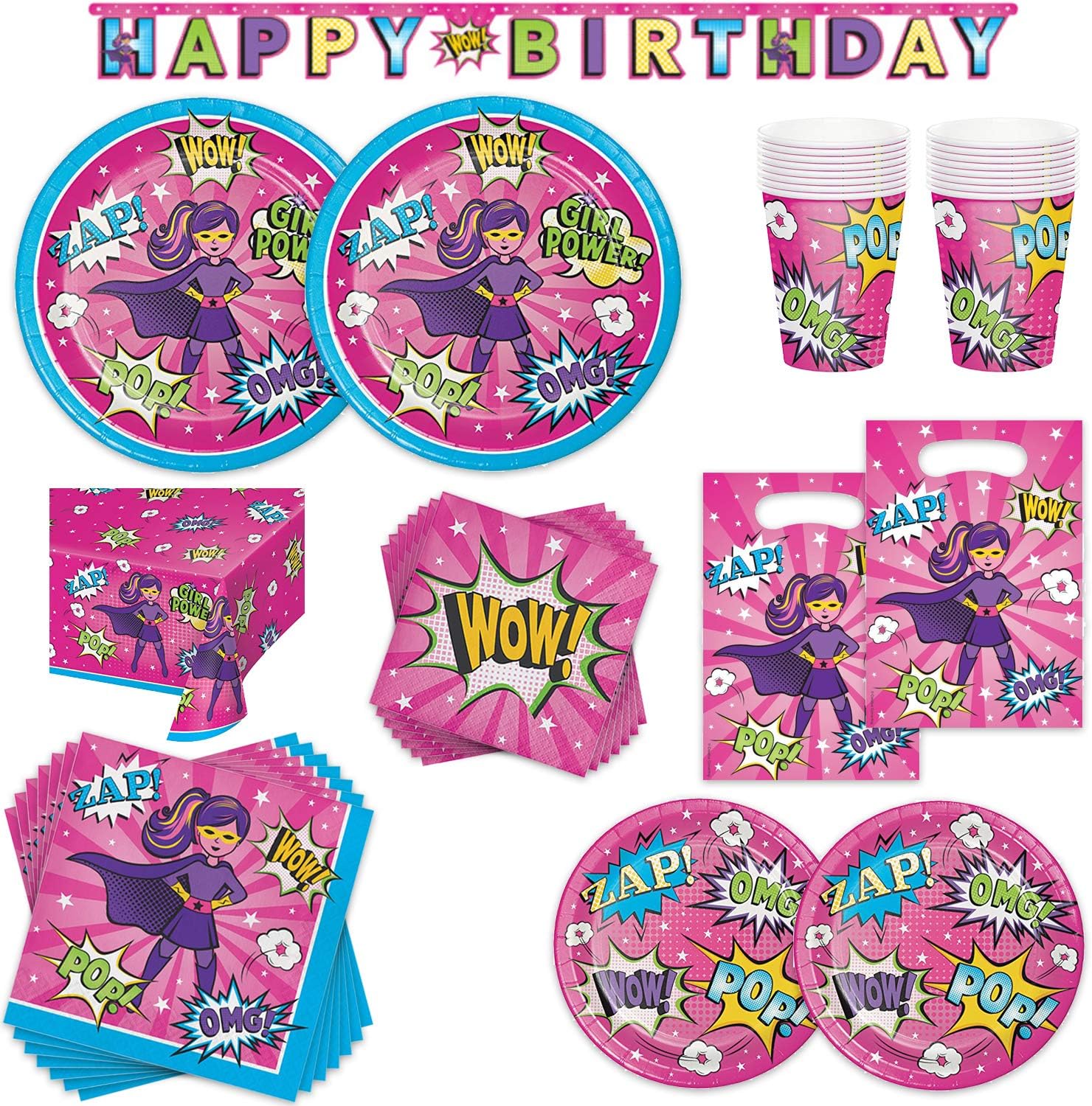 Superhero Girl Birthday Party Supplies Bundle - 16 Guest - Dinner Plates, Dessert Plates, Lunch Napkins, Beverage Napkins, Cups, Table Cover, Banner & Treat Sacks
