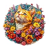 Jigfoxy Wooden Puzzle for Adults, Orange Cat Jigsaw Puzzles for Adult, Unique Animal Shape Wood Cut Puzzles, Christmas Thanksgiving Gifts for Friends Family (S-8.5 * 8.5in-100pcs)