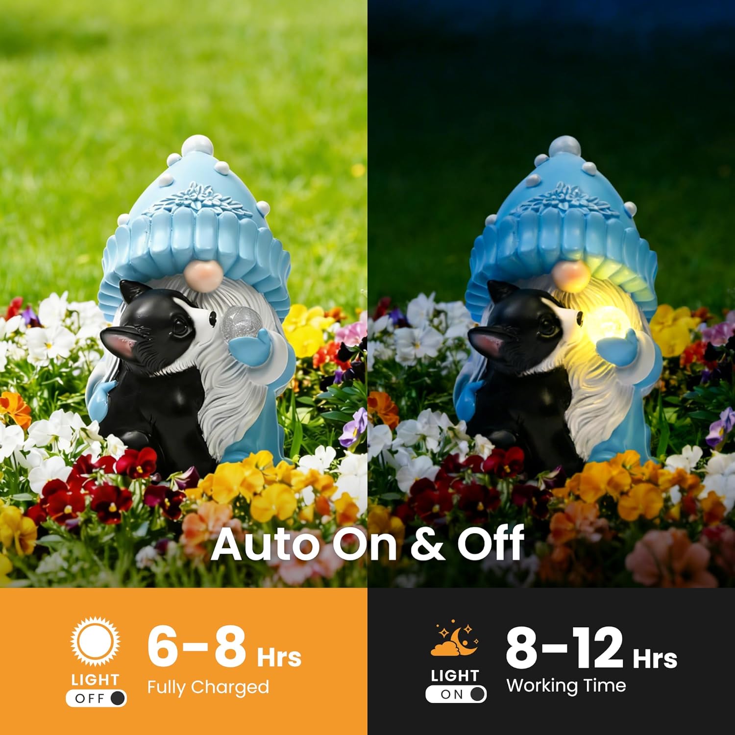 GIGALUMI Solar Garden Statue, Gnome with Dog Outdoor Decor, Gnomes Decoration Gifts with LED for Patio Yard Lawn Balcony, Christmas/Birthday Gift for Mom Women