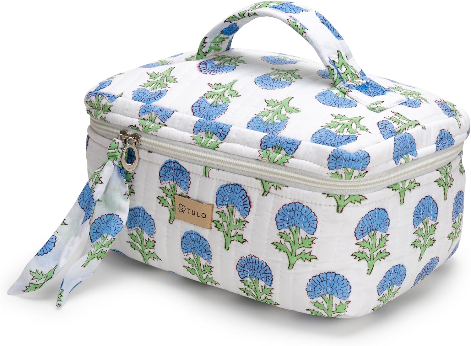 Blockprint Travel Makeup Bag – Large Capacity Waterproof Cosmetic Organizer Pouch with Handle, Boho Stylish Toiletry Bag for Women (Blue Thistle)