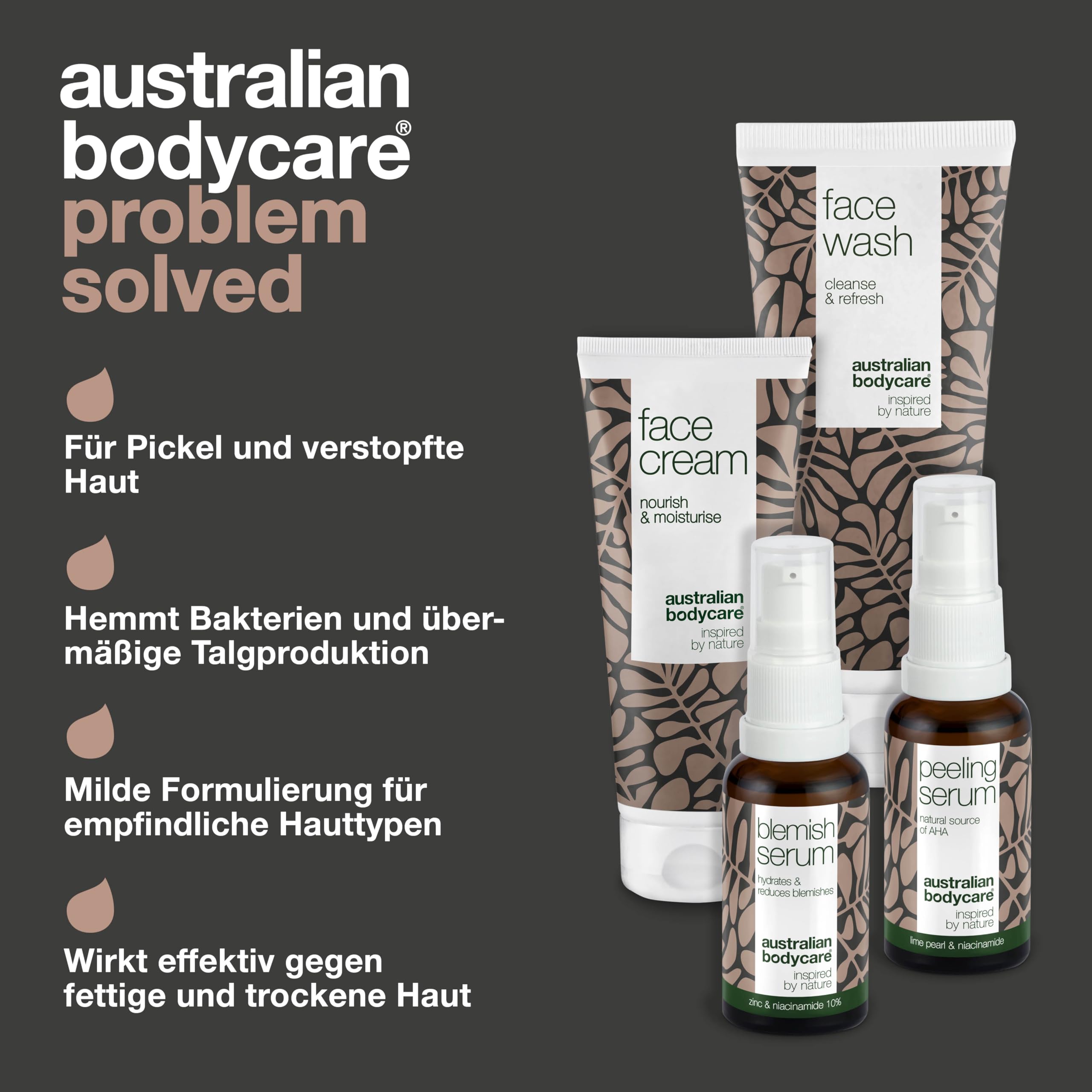 Reduziere Pigmentprobleme im Gesicht mit dem 4-teiligen Set bestehend aus Gesichtsreinigung 200ml, Niacinamid Serum, Peeling Serum und Gesichtscreme 100ml speziell für Pigmentflecken im Gesicht