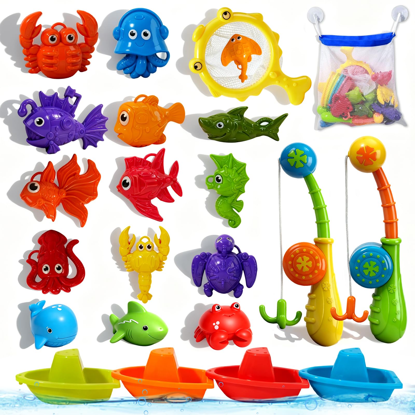 AMCHSURI Bath Toys for Kids Ages 1-3 3-5, 22 PCS Mold Free Fishing Toys Game for Toddler Tub Pool Water Table Toys - Pole Rod Net Floating Fish Sea Animals & Boats Birthday Gift Age 3 4 5 6 Year Old