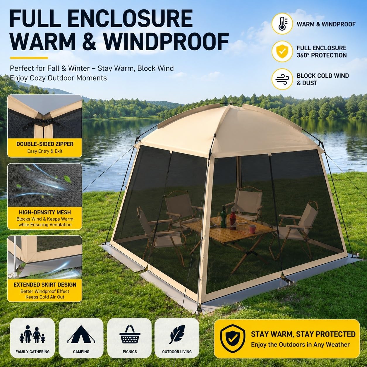 Gazebo da Campeggio con Zanzariera, Ampio Riparo da Esterno con Tetto Completo, Ventilazione a Rete 360°, Montaggio Rapido, Gazebo Anti-Insetti per Campeggio, Giardino, Barbecue e Picnic