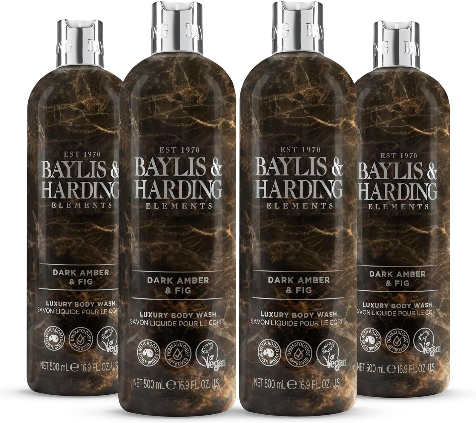 Baylis & Harding Elements Dark Amber & Fig Luxury Body Wash, 500 ml (Pack of 4) - Vegan Friendly